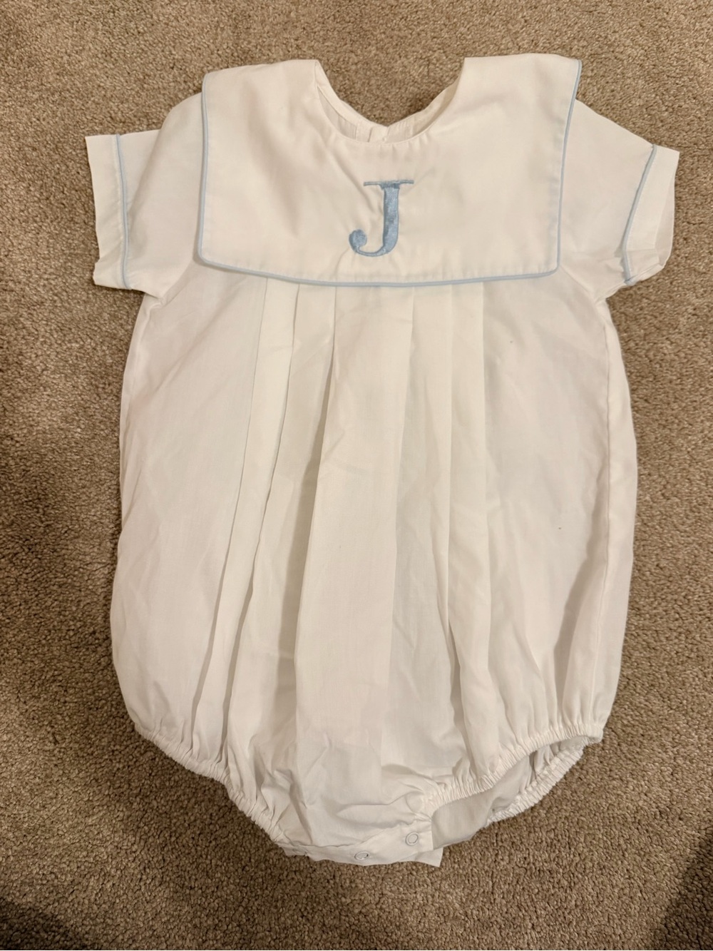 White Baby One-Piece Bodysuit with Light Blue Trim and J Monogram